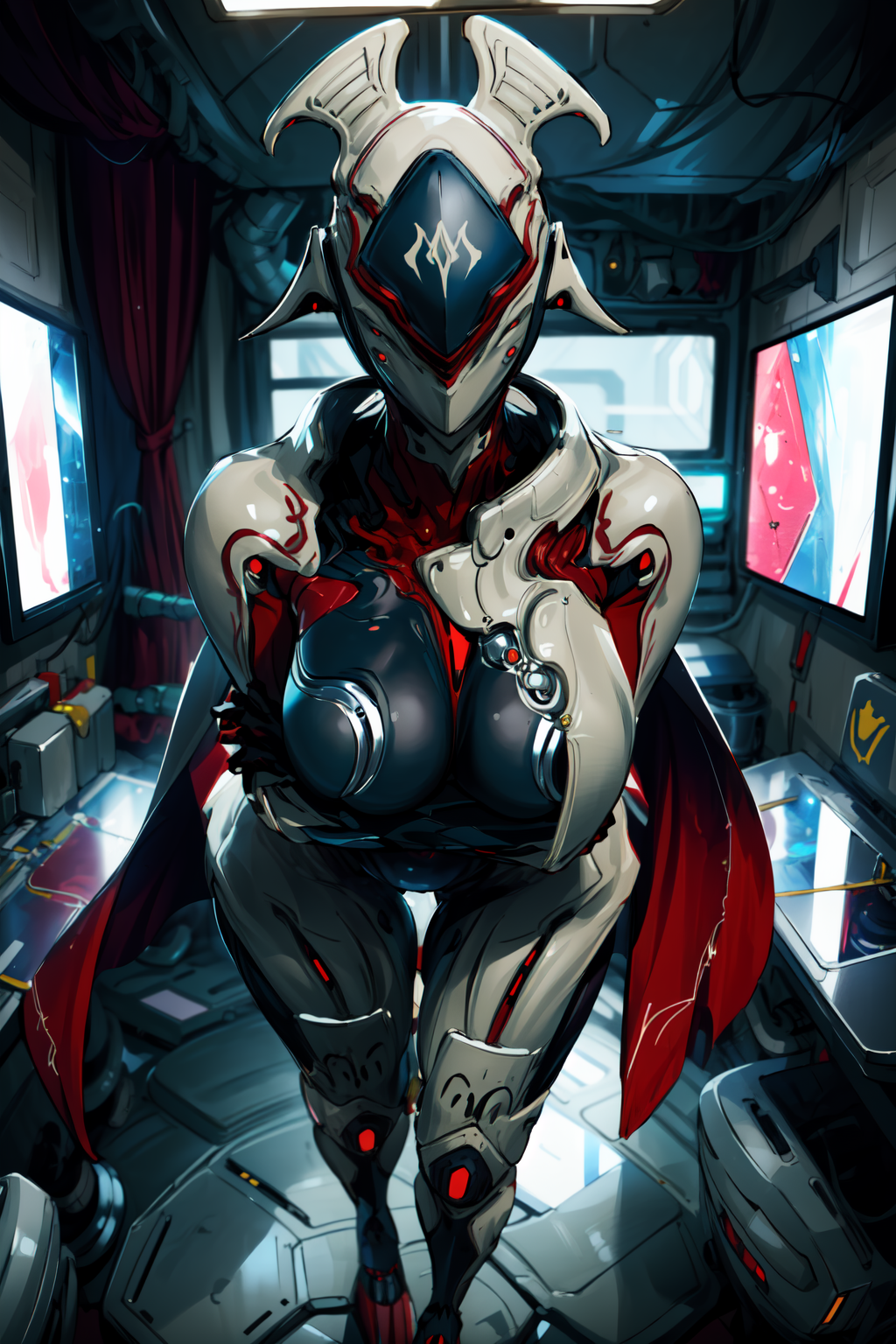 masterpiece,best quality,1girl,Garuda,helmet,bodysuit,armor,face covered,red cape,large breasts,wide hips,thick thighs,sta...